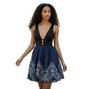 Blondies Nites Junior’s Fit and Flare Party Dress, Black/navy/silver,  Sz. 11